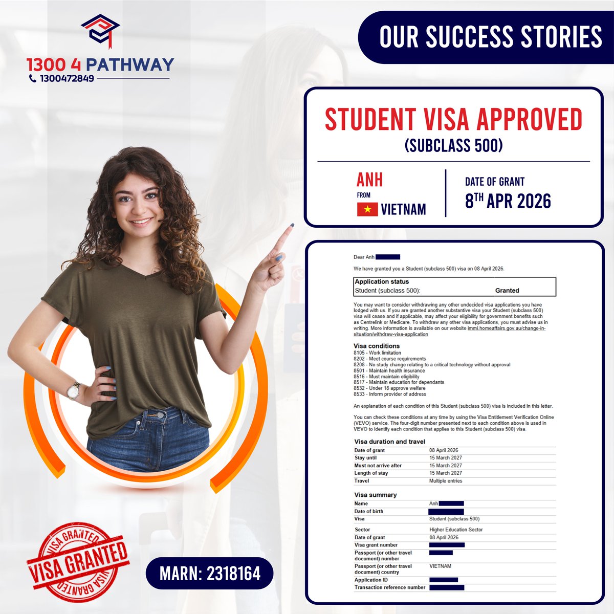 pathway_edu_au's tweet image. 🌟👨‍🎓 Celebrating Anh's Visa Success Story!

#visa #Successstories #studentvisa #visagranted #subclass500 #VisaSuccess #EducationConsultation #MigrationServices