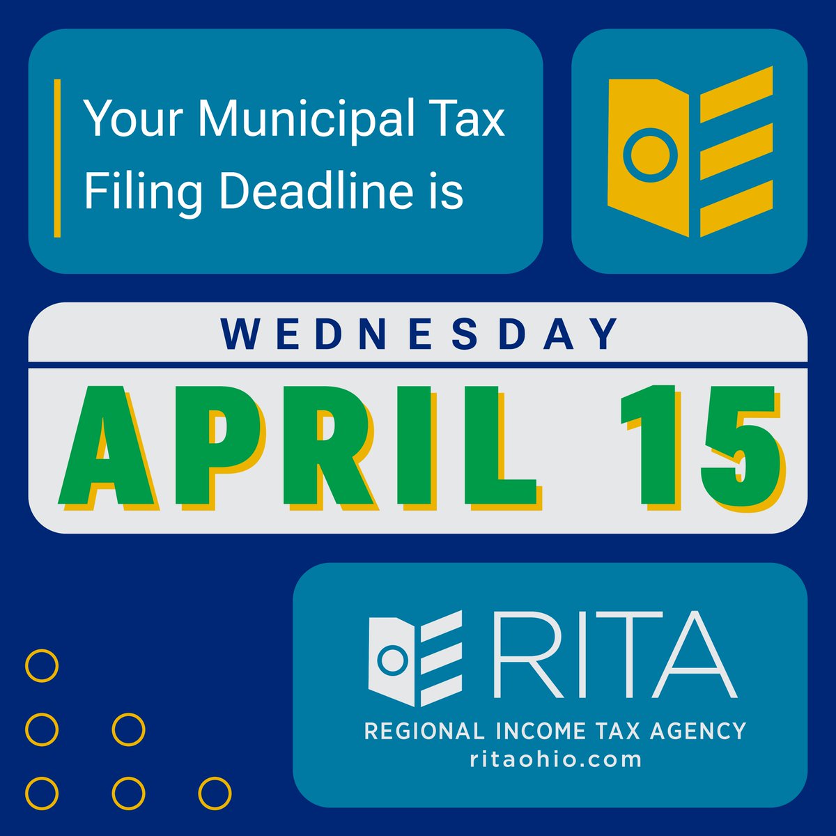 ritaohio's tweet photo. Today is the day! That’s right – it’s tax filing deadline day, 4/15!
For the quickest, easiest filing methods use FastFile (No login/User ID/Password) or MyAccount. Available 24/7!
See available resources for your municipal income tax filing needs at
https://t.co/LzTfHxLvhP https://t.co/FQVp7h05bQ