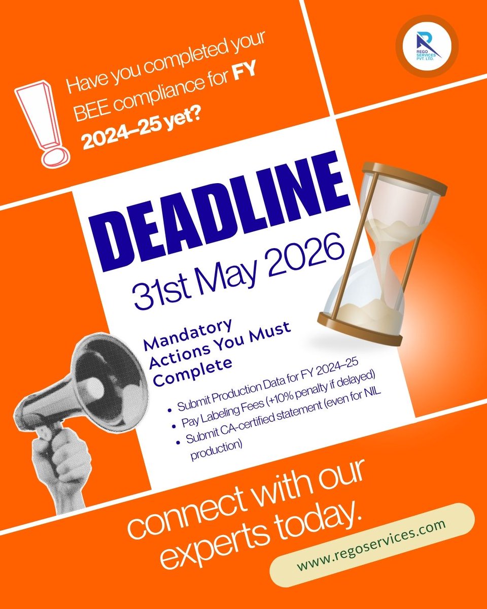 rego_services's tweet image. ⚠️ BEE Compliance Deadline: 31 May 2026Submit data, pay fees &amp;amp; file CA statement on time to avoid penalties &amp;amp; portal block.👉 Stay compliant #BEE #ComplianceAlert #BusinessCompliance