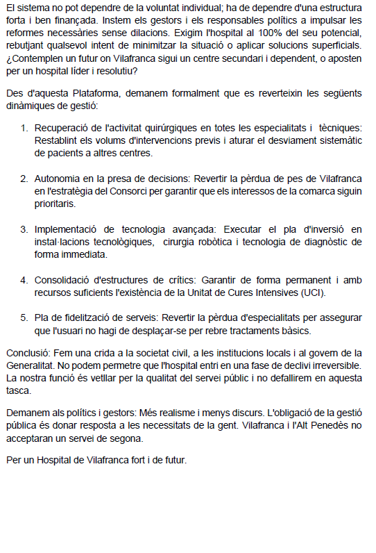 DefHospitalAltP's tweet photo. Vam presentar el nostre manifest: o s'aposta per l'excel·lència de l'Hospital de Vilafranca o es posa en risc la salut de tota la comarca. https://t.co/qfA2MPmlda