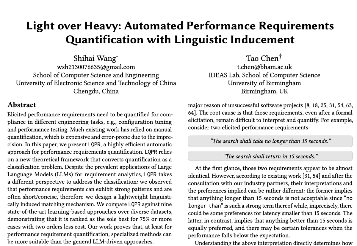 tao_chen_ideas's tweet photo. 11:15am local time, at Oceania IV @ICSEconf , Shihai will be presenting our work on a newly formulated auto-requirement quantification problem + a non-LLM solution (that performs way more efficient than LLMs) https://t.co/kzn4GlFx4G