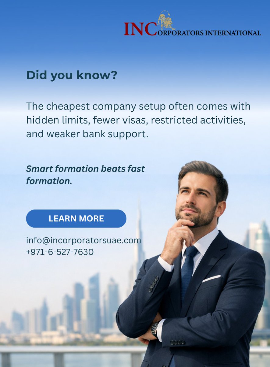 IncorporatorsAE's tweet photo. Not all company setups are created equal. The cheapest option today can cost you more tomorrow. Choose smart. Build strong. https://t.co/67ONShj1ca