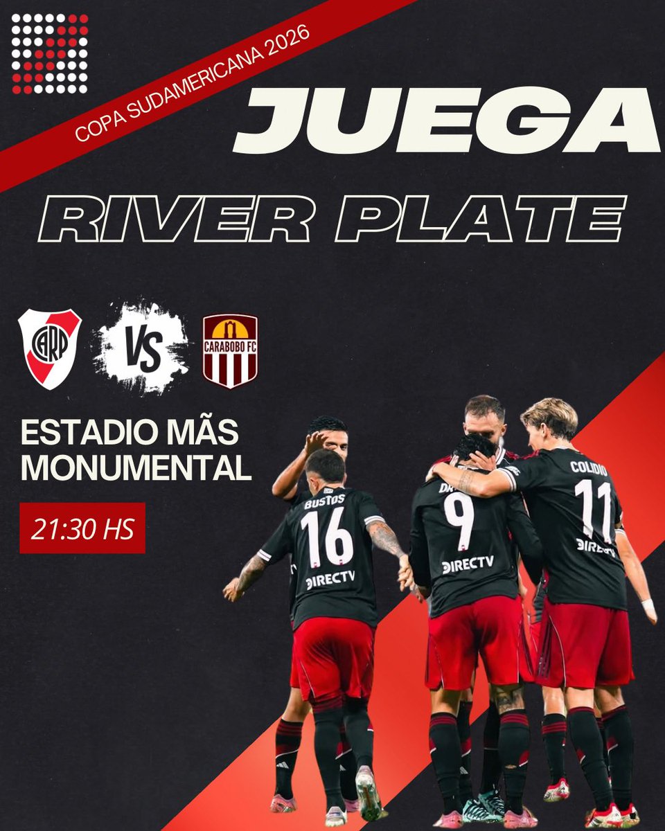 AhoraRiver's tweet image. 👉🏻Juega River Plate❤️🤍
⚽️River Plate Vs. Carabobo
🏆 Copa Conmebol Sudamericana 2026
🕘 21:30 Hs.
📺 ESPN 
🏟️ Estadio Mâs Monumental
#RiverPlate #AhoraRiver #soyderiver #elmasgrande #MâsMonumental