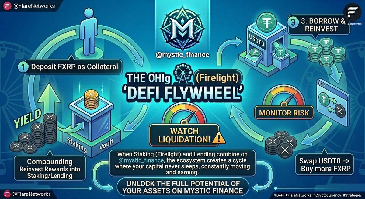 4AhomeLOAN's tweet image. This is the "DeFi Flywheel" in action. 🎡

When you combine Staking (Firelight) and Lending on @mystic_finance, the @FlareNetworks ecosystem creates a cycle where your capital never sleeps. It’s constantly moving and earning.

#PassiveYield #PassiveIncome #FinanceInnovation