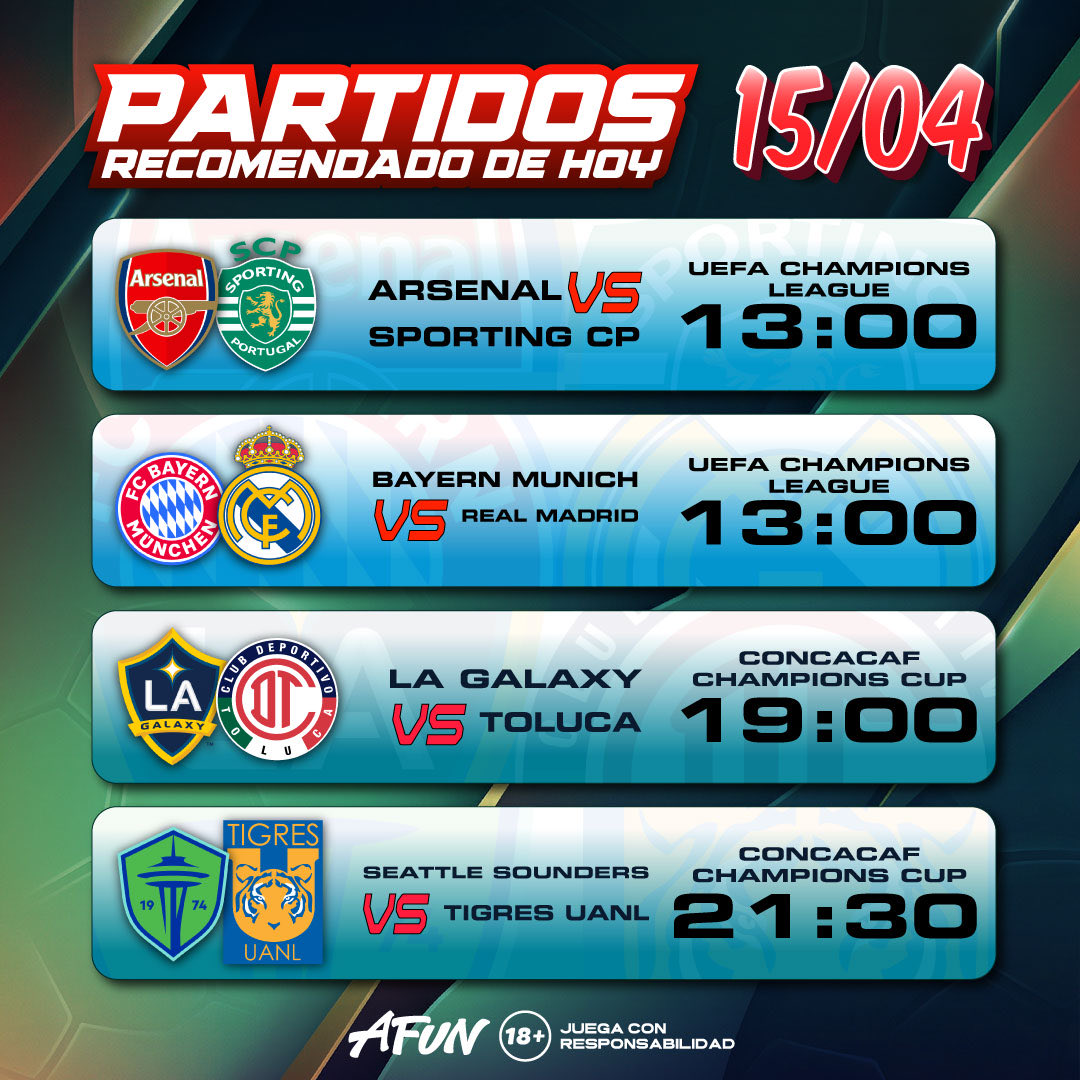 Afun_Mx's tweet photo. 🔥 Partidos imperdibles de hoy (15/04) ⚽️

🏆 Champions + Concacaf en acción
🎯 Choques de alto nivel, todo por decidir

⚡️ Duelo tras duelo lleno de intensidad, no te lo pierdas esta noche
📊 Sigue AFUN y vive cada momento al máximo
#AFUNMX https://t.co/MFuZ15nVhn