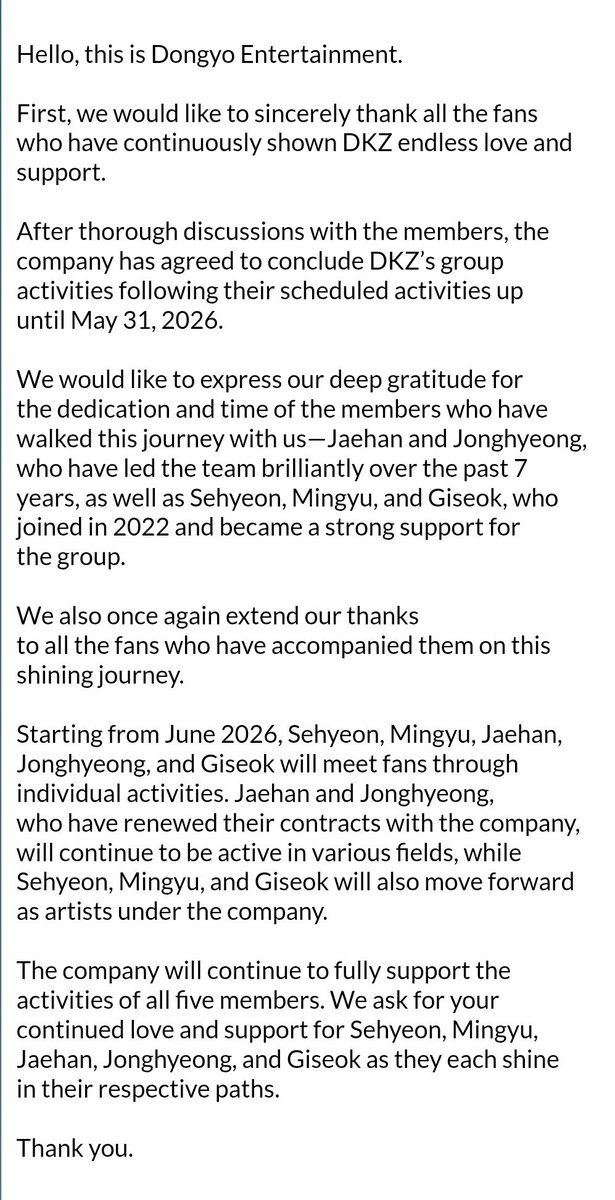 O DKZ anunciou o fim do grupo. As atividades continuarão até o dia 31 de maio de 2026. Após isso, os membros seguirão na empresa como artistas individuais. Desejamos sucesso a cada um deles.

#DKZ #디케이지

🔗 soompi.com/article/183318…