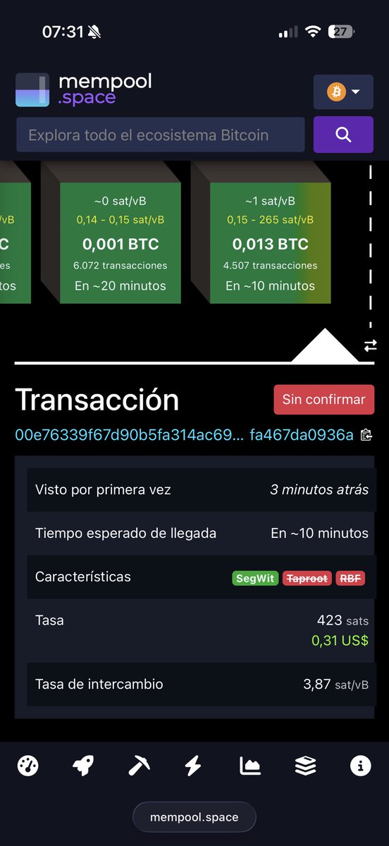 Primeros resultados y observaciones en el uso de tether.me como wallet BTC.

1) Wallet Segwit (no podes elegir otra).

2) Pago 3,8 sat/v cuando el bloque aun aceptaba 0,15  sat/v. La app dice que te toma un buffer y te devuelve pero eso debe ser al momento de