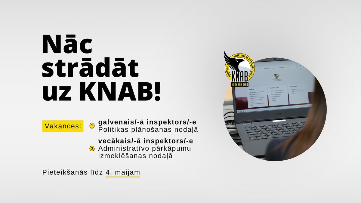 #TeIrDarbs! KNAB aicina komandai pievienoties divus jaunus kolēģus – 🟡galveno inspektoru/-i Politikas plānošanas nodaļā un 🟡vecāko inspektoru/-i Administratīvo pārkāpumu izmeklēšanas nodaļā. 

Uzzini vairāk ➡️ knab.gov.lv/lv/vakances