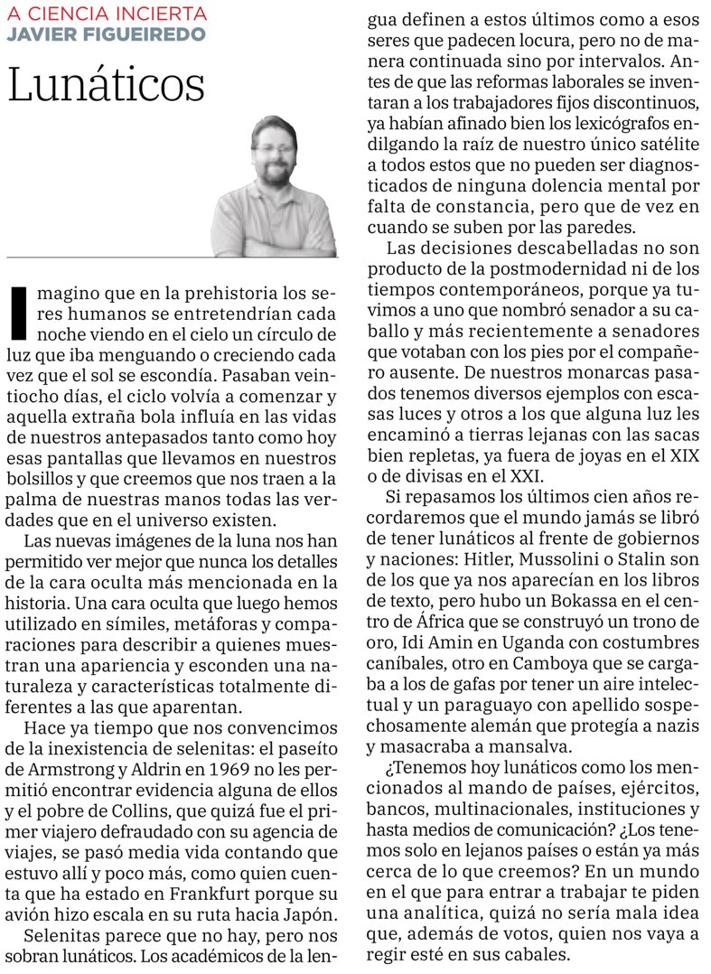 javierfc's tweet photo. Mi columna en @hoyextremadura 👇🏼 https://t.co/uaH7jGPhvB habla de la luna, de selenitas y lunáticos. En un mundo 🌍 en el que para cualquier trabajo te piden una analítica 🧪🩸💉, no estaría mal que quienes nos vayan a gobernar estén en sus cabales y aporten informe psiquiátrico. https://t.co/YpWwkJXikJ