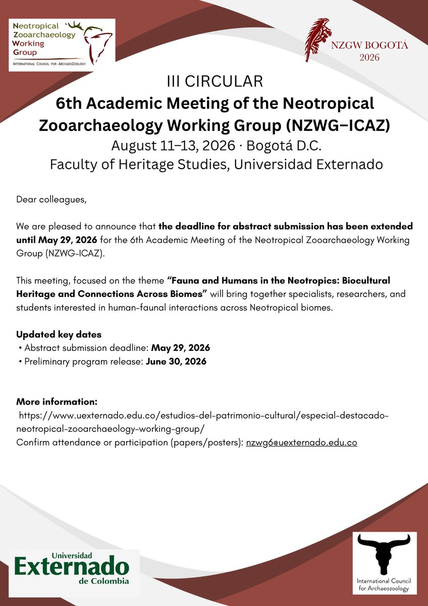 mafemapo24's tweet photo. 📢 Deadline extended! Abstract submissions for the 6th NZWG–ICAZ Meeting are now open until May 29, 2026. Join us in Bogotá this August (11–13) to explore Fauna and Humans in the Neotropics.
We look forward to seeing you there! 🌎🐸🐍🐠🐟🐊🐢🦈🦙🦌@ICAZ_News https://t.co/ESfzbk0Mgy