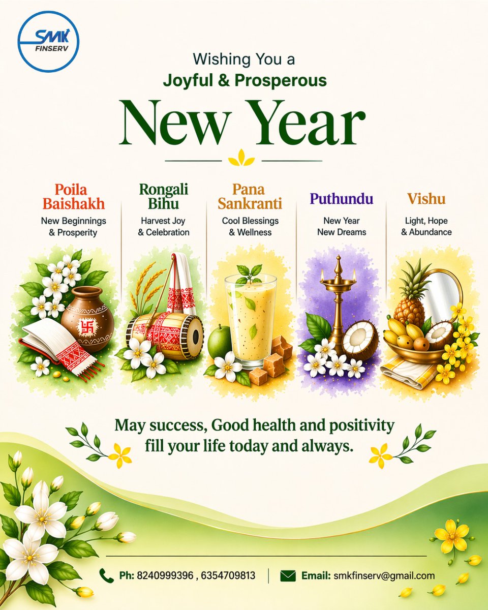 SmkFinserv's tweet image. From Poila Baishakh to Vishu 🌼✨
may every celebration bring happiness 😊, good health 💚, and abundance into your life. 🌿

#happynewyear❤️ #positivity #goodhealth #joyandhappiness #prosperity
