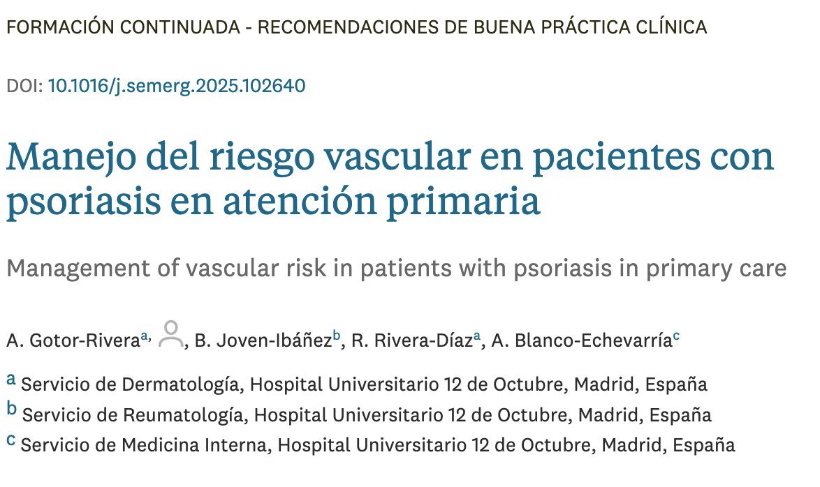 SEMERGENap's tweet image. #RevistaSEMERGEN👨‍⚕️Manejo del riesgo vascular en pacientes con psoriasis en atención primaria
A. Gotor-Rivera, B. Joven-Ibáñez, R. Rivera-Díaz, A. Blanco-Echevarría
Semergen. 2025;51:102640
f.mtr.cool/kkiqbydlky

#riesgovascular #psoriasis