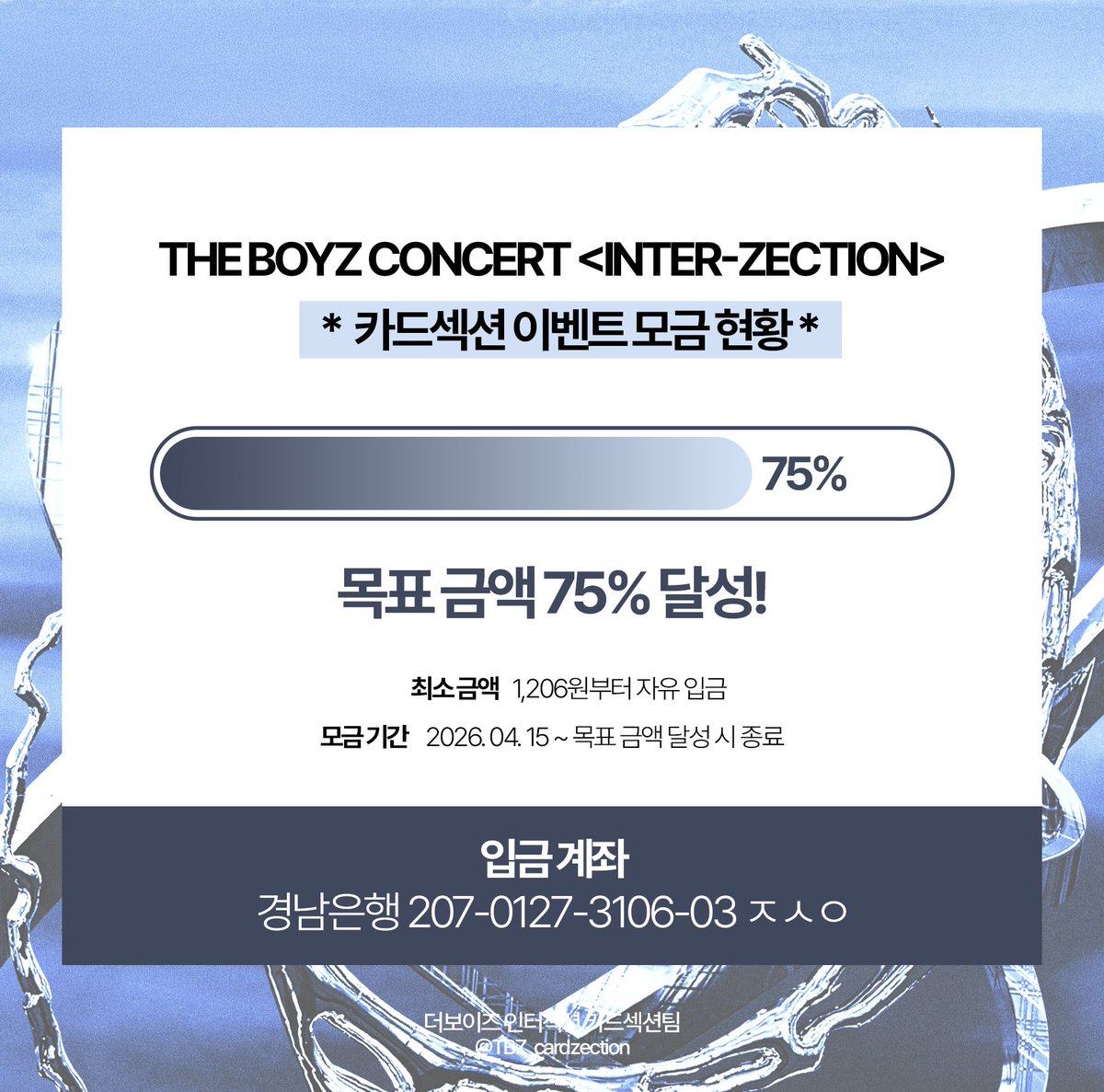 theboyz_event's tweet image. [INTER-ZECTION 카드섹션 이벤트 모금 현황 안내]

📢 카드섹션 이벤트 모금 75% 달성

🗓️ 모금 기간
2026. 04. 15. ~ 목표 금액 달성시 종료

* 정산 내역은 이벤트 종료 후 더보이즈 인터젝션 카드섹션팀(@TBZ_cardzection) 계정에 투명하게 공개됩니다.