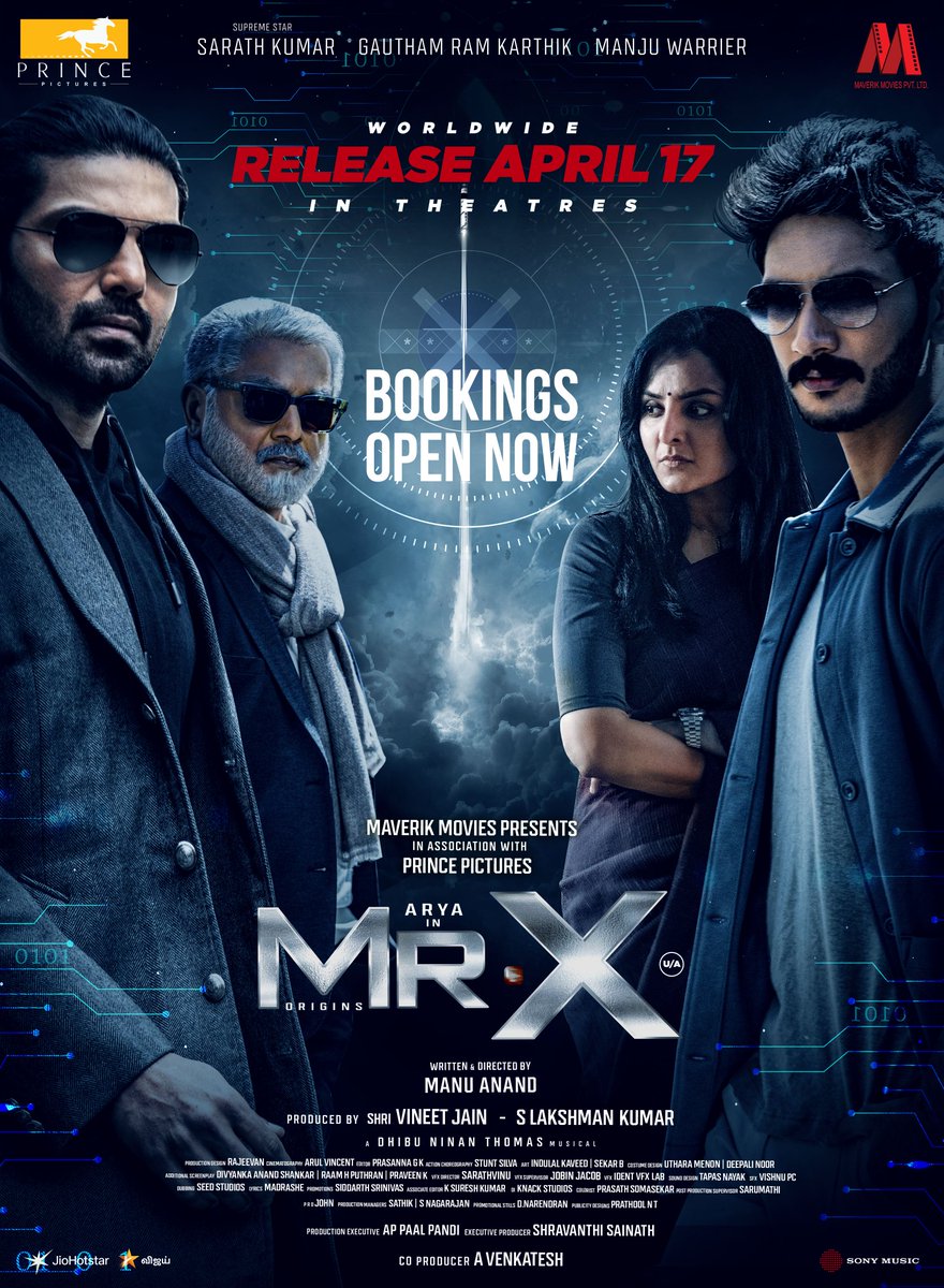 Gautham_Karthik's tweet image. #MrX - Bookings open now, get set to catch the spies on the big screens!

Worldwide release in theatres on April 17 🎯

A film by @itsmanuanand.

Produced by @vineetjaintimes @lakku76. 
Co-produced by @venkatavmedia.

#Maverik @Prince_Pictures @arya_offl @realsarathkumar