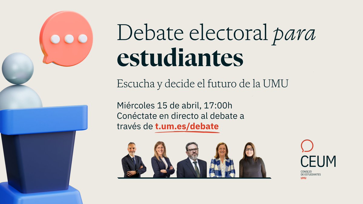 ceum_es's tweet photo. Hoy, a las 17:00h, será el debate electoral entre las candidaturas a Rectorado para estudiantes.

¡Os esperamos! 
#debateparaestudiantes 

https://t.co/1v8gylrGTQ https://t.co/hTmt774TFp