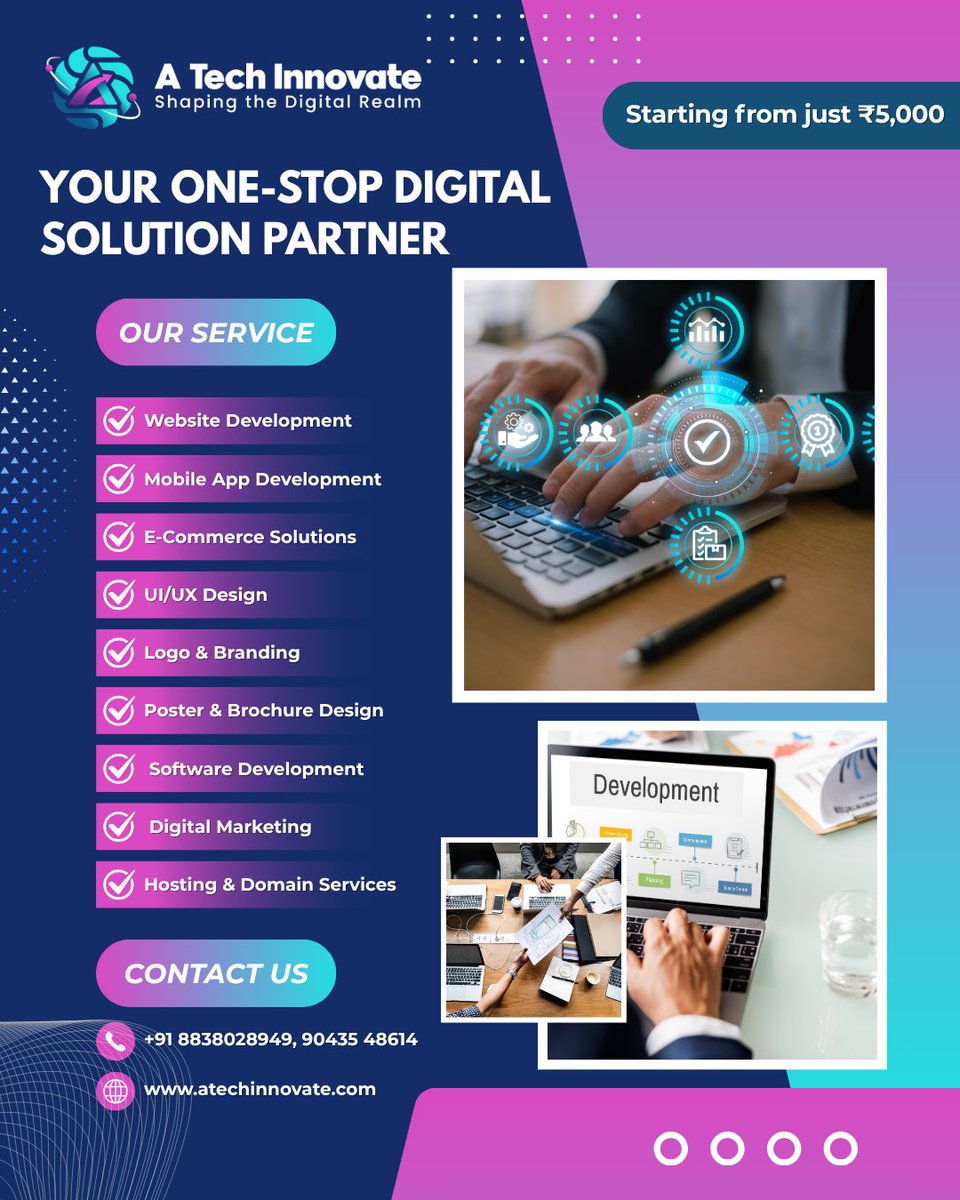 atechinnovate's tweet image. 🚀 One-Stop Digital Partner – A Tech Innovate

✔ Web Development
✔ Mobile Apps
✔ E-Commerce
✔ UI/UX &amp;amp; Branding
✔ Digital Marketing
💰 Starting from ₹5,000
📞 88380 28949
#WebDevelopment #AppDevelopment #DigitalMarketing #ATechInnovate