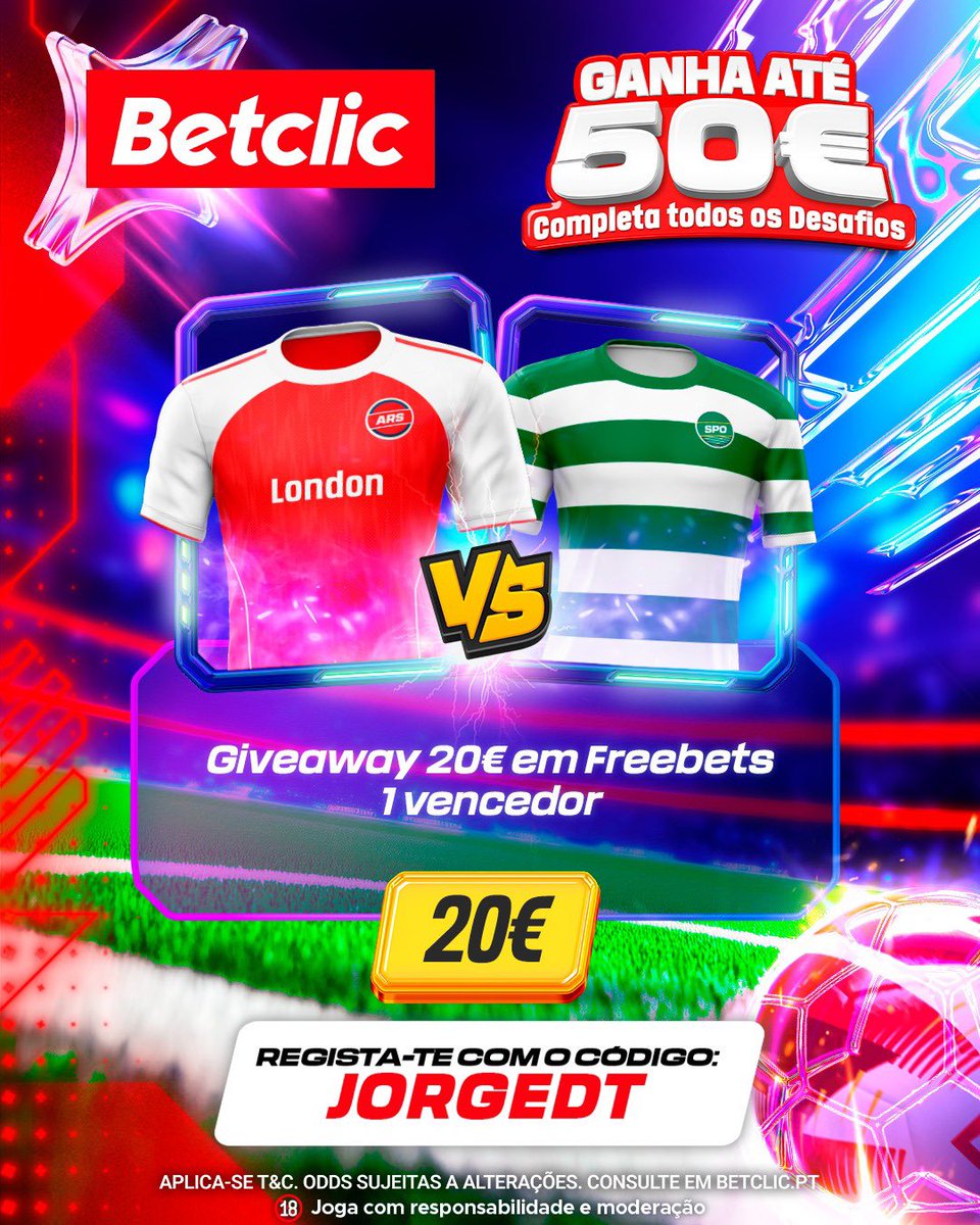 🚨GIVEAWAY 
O Sporting tem hoje o jogo decisivo com possibilidade de passar às meias-finais e vamos dar 20€ a 1 de vocês que acerte o resultado exato! 

Para participar:
-Seguir a <a href="/BetclicPortugal/">Betclic Portugal 🔞</a> 
-Dar rt e fav
-Comentar username + resultado exato 

1 comentário p/pessoa, 20h!