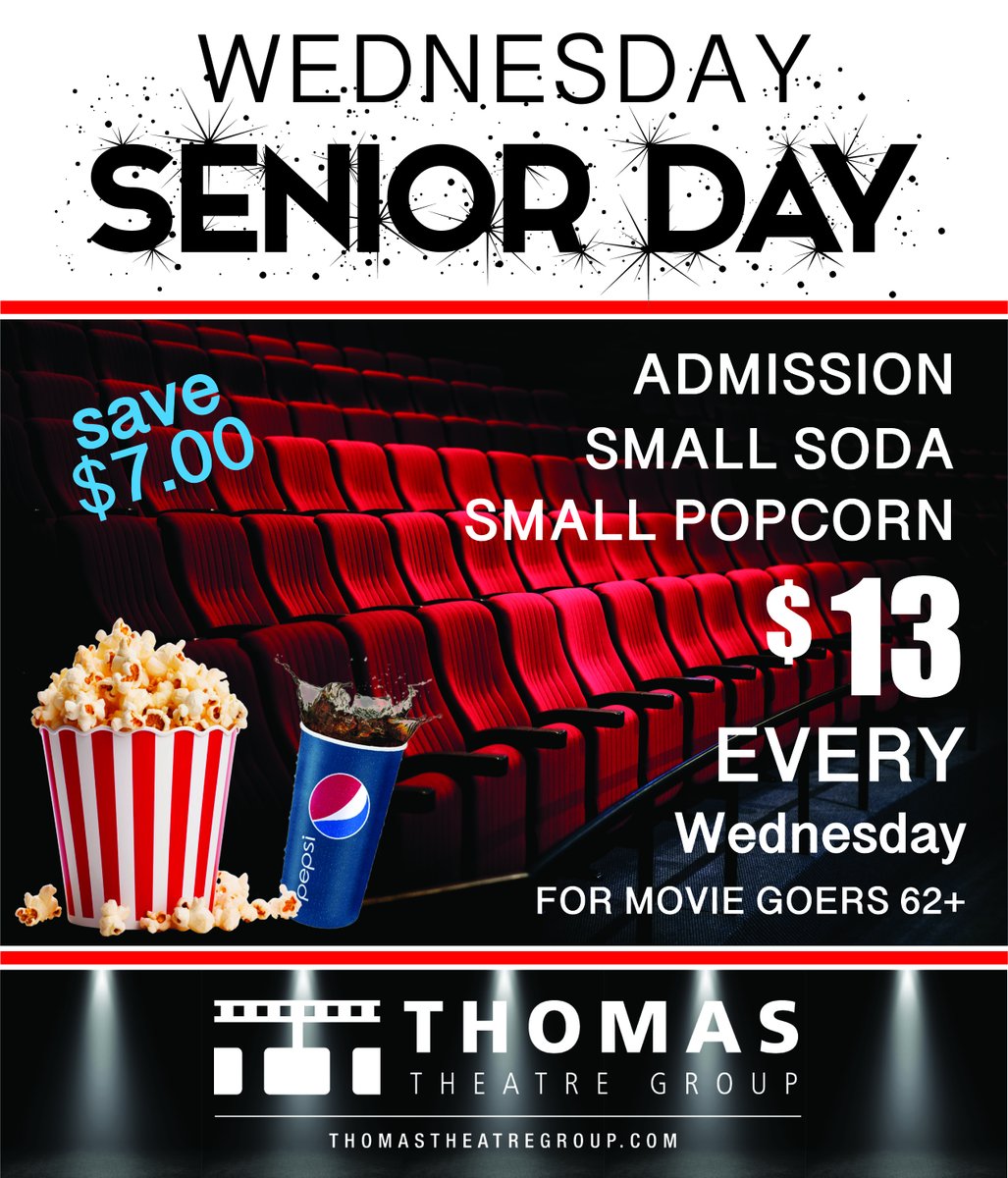 CreekCinem62189's tweet image. Every Wednesday we honor our seniors! $13 gets you an admission ticket, small soft drink and small popcorn at Thomas Theatre Group. See you at the movies! 🎟️🍿🥤#SeniorDay #Wednesday