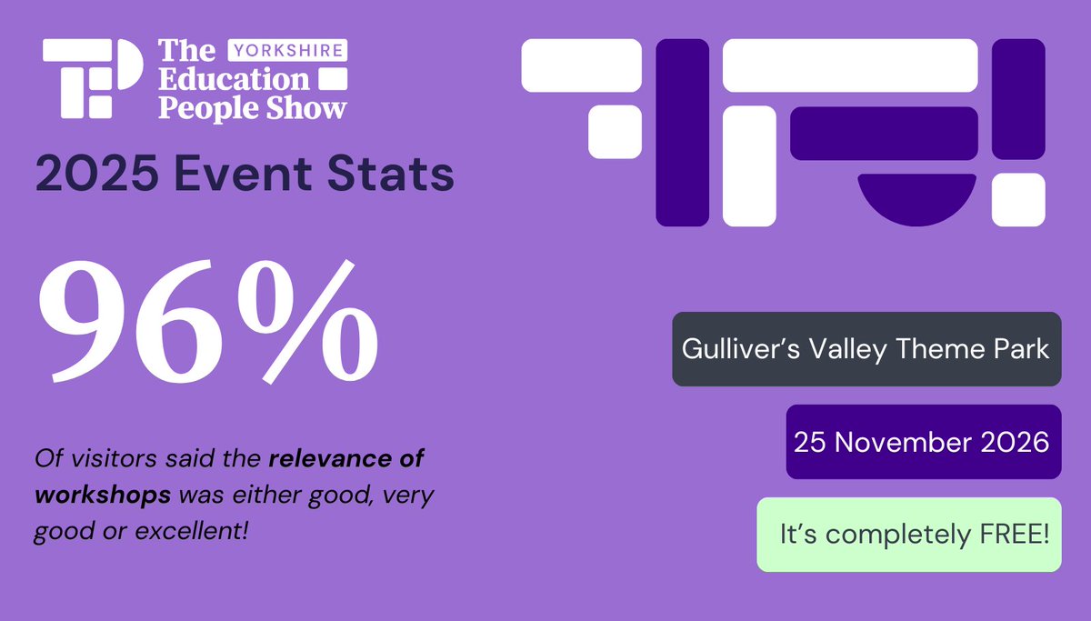 TheEdPeopleShow's tweet photo. 🎓 96% said the workshops were relevant to their role.
Practical CPD you can actually use.
Register now for 2026.
📅 25 Nov 2026 | 🎟️ It's FREE!
#TEPSYorkshire https://t.co/jGqVBFAY45