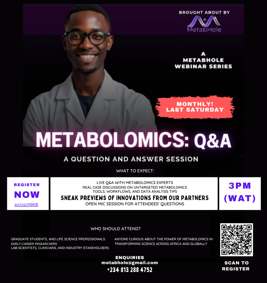 Metabolomicsaf's tweet image. Join us for a monthly Q&amp;amp;A session on Metabolomics! 🌍🔬
Explore the power of metabolomics in transforming science across Africa and globally.
🗓️ Last Saturday of every month
⏰ 3 PM (WAT)
💬 Register now: zurl.co/fDQPE 

#LifeScience #Research #MetabolomicsQA