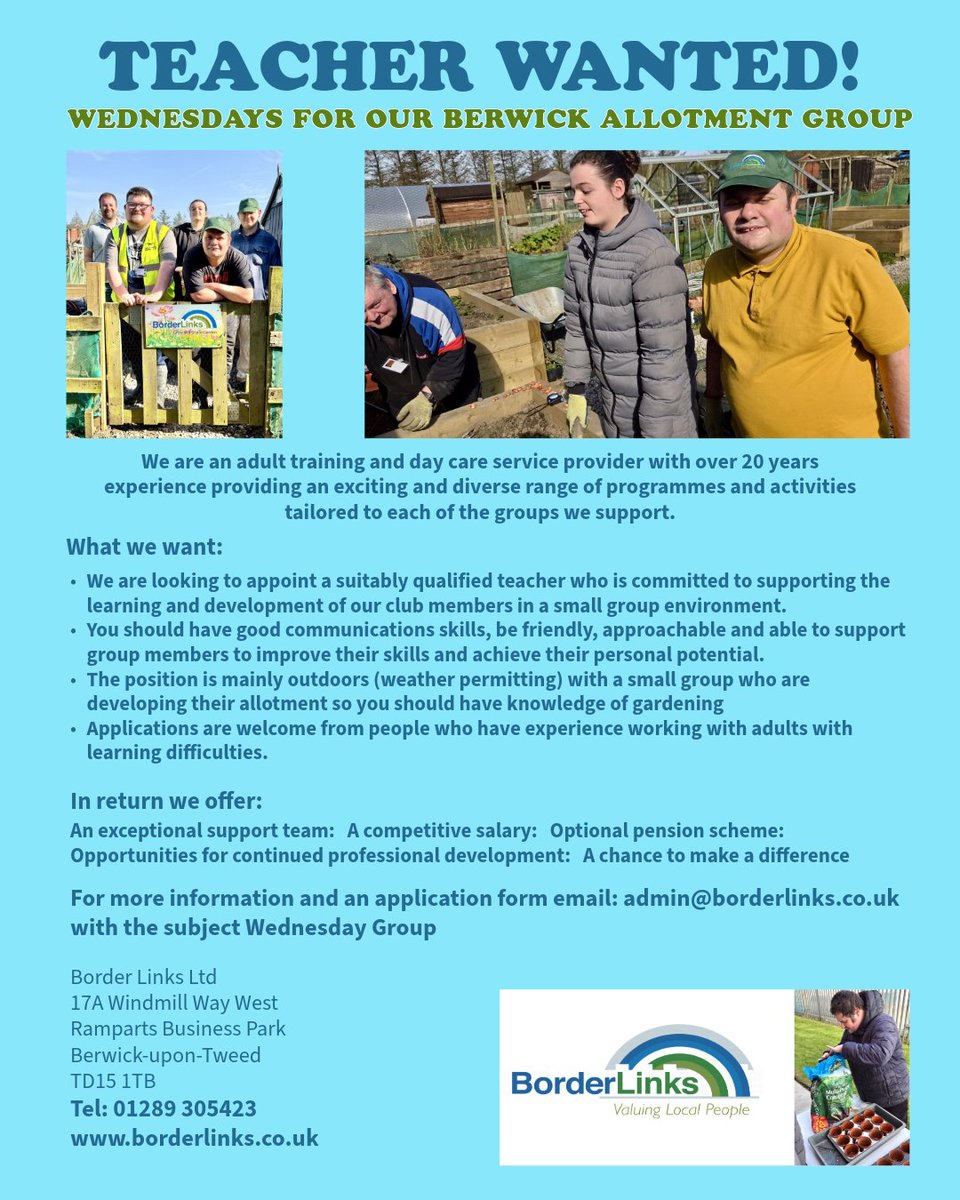 Join Border Links! We seek a qualified teacher with gardening skills for our allotment. Apply: admin@borderlinks.co.uk #InclusionMatters #DisabilityAwareness