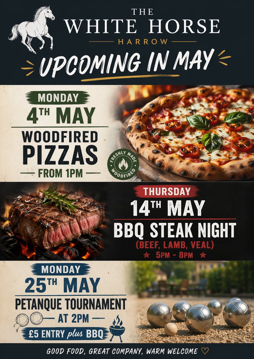 WhiteHorseLocal's tweet image. Coming up this May! Woodfired #pizza, #BBQ #Steaknight, and the return of our #Petanque Tournament 🎯🔥 £5 entry for Petanque (BBQ is optional and available to purchase on the day). #TheWhiteHorse #HarrowEvents #WhatsOnMay #WoodfiredPizza #Fullerspub #SupportLocal #HarrowEats