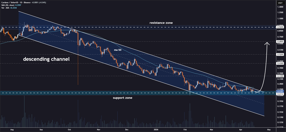 JohncyCrypto's tweet image. #ADA Channel Breakout Imminent💁‍♂️

Cardano is gearing up to escape the descending channel on the daily timeframe🔍

✅ Formation entering the final phase
✅ Bullish momentum ready to unleash
✅ Price compression at resistance

Price targets: $0.33 → $0.43 → $0.52 → $0.68🎯