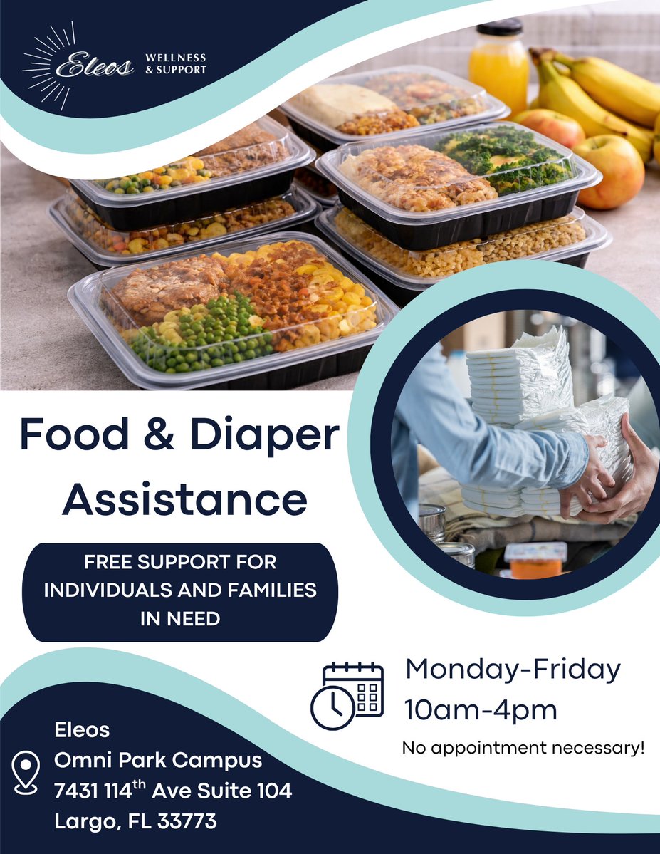 ELEOSWELLNESS's tweet image. Sometimes a little extra support can make a big difference.

Eleos offers food and diaper assistance for individuals and families in need, Monday through Friday from 10:00 AM to 4:00 PM at our Omni Park Campus. No appointment is necessary.

#Eleos #PinellasCounty #FoodAssistance