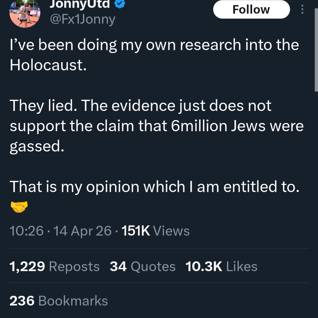 Wow. From getting trolled on twitter spaces 3 years ago to becoming a holocaust denier, what a turn of events for Jonneh