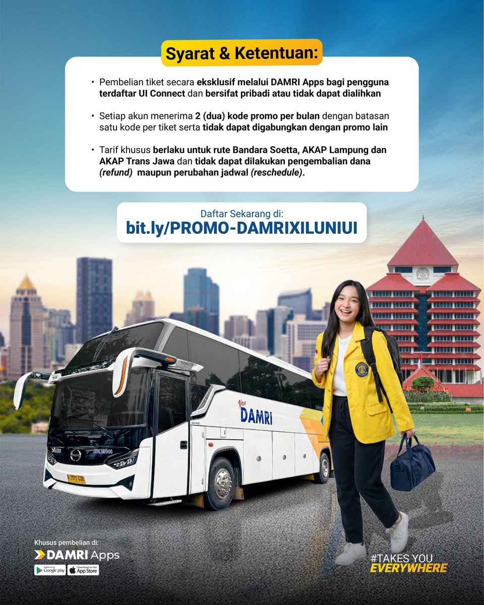 DamriIndonesia's tweet photo. ๐๐ป๐ฎ๐ธ ๐จ๐, ๐๐ฎ๐น๐ฎ๐ป ๐๐ฒ๐บ๐ฎ๐ ๐
Diskon 10% naik DAMRI buat alumni, dosen & tendik UI! ๐
Daftar UI Connect, pesan di DAMRI Apps.
Yuk share ke circle kamu!
#DAMRI #AyoNaikDAMRI #PromoDAMRI #ILUNIUI https://t.co/woKKEc1i0H