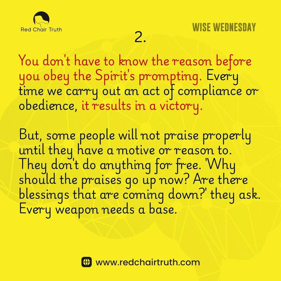 redchairtruth1's tweet image. Not every act of praise begins with a reason. Sometimes, it begins with obedience… and the reason follows.

Learn the power of obedience this Wise Wednesday.

#RedChairTruth  #WiseWednesday  #GospelQuotes #ChristianQuotes #QuotesbyItaUdoh #RCT #ItaUdoh
