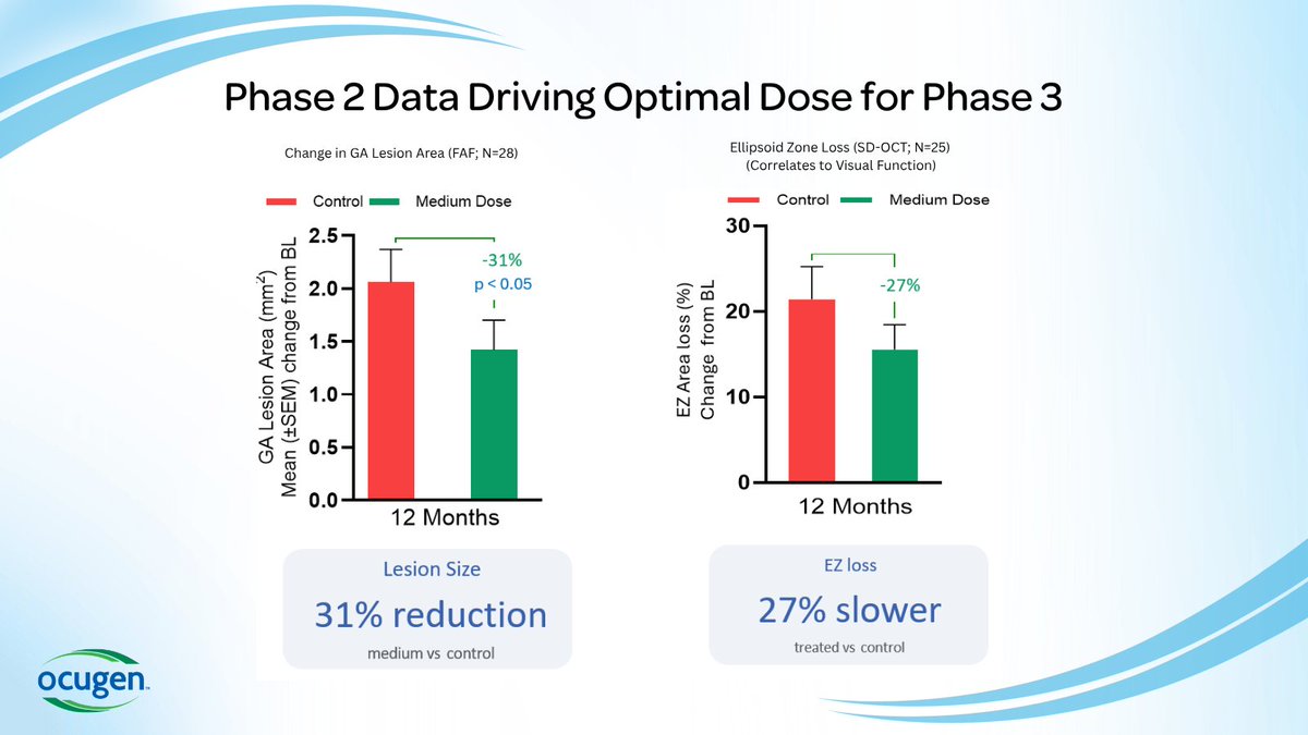 Ocugen's tweet photo. Phase 2 Update: A 31% reduction in GA lesion growth was observed with #OCU410 (medium dose) and a 27% EZ preservation in treated v. control supporting medium dose as optimal in Phase 3. #GeographicAtrophy #PatientImpact

Latest corp. presentation: https://t.co/hIYAlBqgZQ https://t.co/OnXeHv4VAq