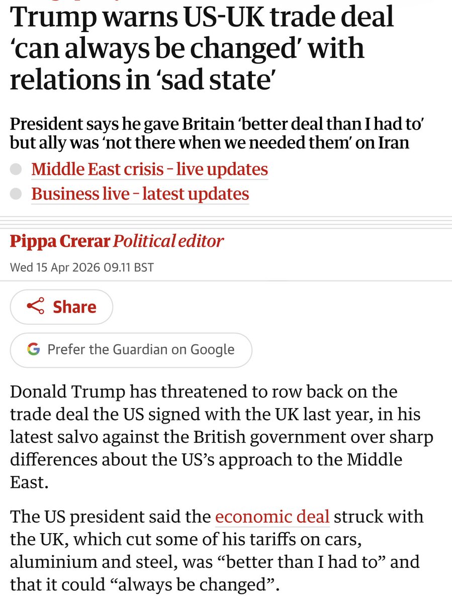 Yet another reason for the UK to begin negotiating to rejoin the EU as soon as possible.

The trade deal with the USA was never the big deal Brexiters claimed it was. But as their top win for an "independent Britain" falls apart, the case for EU membership grows even stronger.