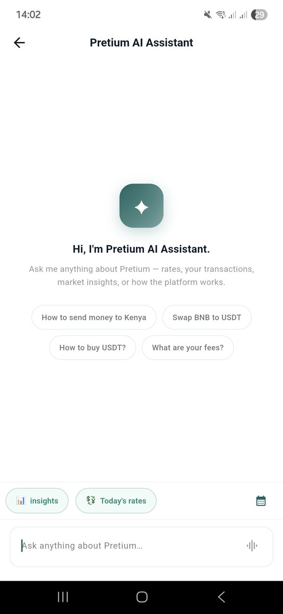 PretiumApp's tweet photo. Agentic payments are coming to Pretium 💻

“Hey, swap my BNB to USDT.”

Your Agent checks your on-chain BNB balance, routes the swap via our payment protocol, executes the conversion, credits your wallet with USDT instantly, and sends you a confirmation.

“Hey, pay Carrefour KES 2,599 to till number 12345.”

The Agent processes your request end-to-end, settles the transaction on-chain to Pretium’s settlement address, triggers fiat processing, and delivers a payment receipt to both you and the merchant.

"Hey, schedule my monthly water bill of amount KES 3,000 to account number 1234 & paybill number 12345"

Not live yet.

Feature to launch soon.