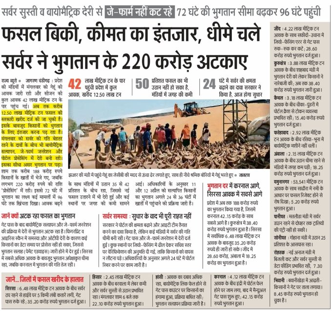 हरियाणा में गेहूं खरीद में भारी लापरवाही!
मंडियों से सड़कों तक पहुंची किसानों की फसल का समय पर उठान नहीं हो रहा।
ऑनलाइन गेटपास कटने में देरी से मंडियां फुल, फसल खुले में सड़ रही।
भुगतान के भी 2200 करोड़ अटके हुए।
किसानों की परेशानी से भी नहीं खुल रही सरकार की कुंभकर्णी नींद