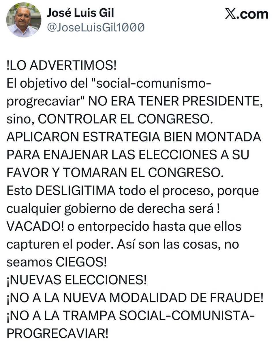 Totalmente de acuerdo con éste señor. 
Es hora de salir a las calles para hacer respetar los votos de Lima y el Extranjero. Anular las elecciones y convocar nuevas elecciones para mantener la democracia limpia y transparente.