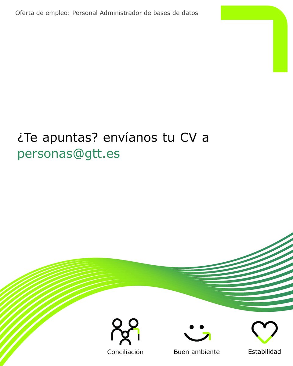 grupo_gtt's tweet photo. 🔎 Buscamos personal Administrador de bases de datos para nuestros servicios centrales en #Alicante

📲 Para más información, puedes consultar en el siguiente link o ponerte en contacto con nosotros  personas@gtt.es

📑 Accede a la #ofertadeempleo: https://t.co/INOQ3j9gGZ https://t.co/Cc1qppfPFC