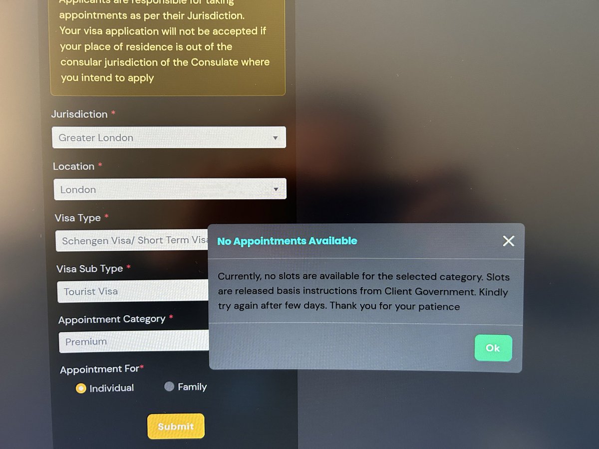 yucelz1's tweet photo. @BLSintServices I have been trying to secure an appointment for a month, yet there are no slots available for the premium option. Given our location, we can only choose London and not any other city. https://t.co/9mR256rkUw