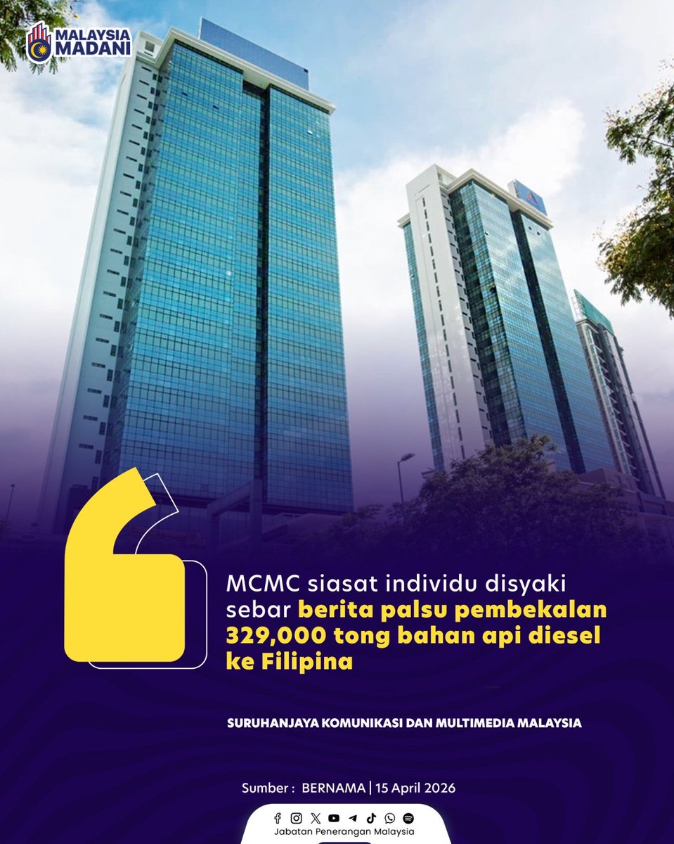 JPenerangan's tweet photo. 🚫 Jangan terpedaya berita palsu!

MCMC ambil tindakan terhadap individu yang menyebarkan dakwaan tidak benar mengenai penghantaran diesel ke Filipina. 🛢️

Siasatan sahkan bekalan itu milik syarikat swasta, bukan Petronas atau kerajaan. ⚠️ https://t.co/H21Pd9H4MN
