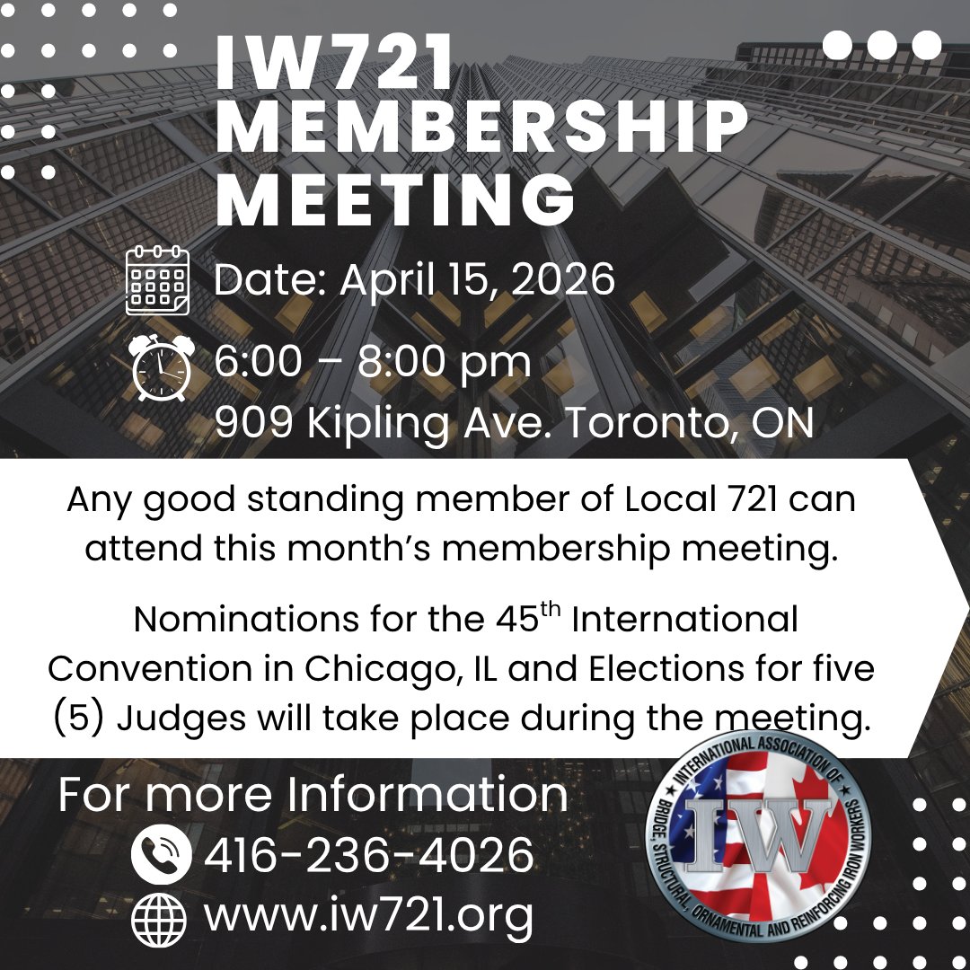 721Local's tweet photo. The next Local 721 Membership meeting will be held on Wednesday April 15, 2026 at 6pm.

Any 721 member in good standing is welcome to attend. And Nominations for the 45th International Convention in Chicago, IL &amp; Elections for five (5) Judges will take place during the meeting. https://t.co/wvuSPa5eHS