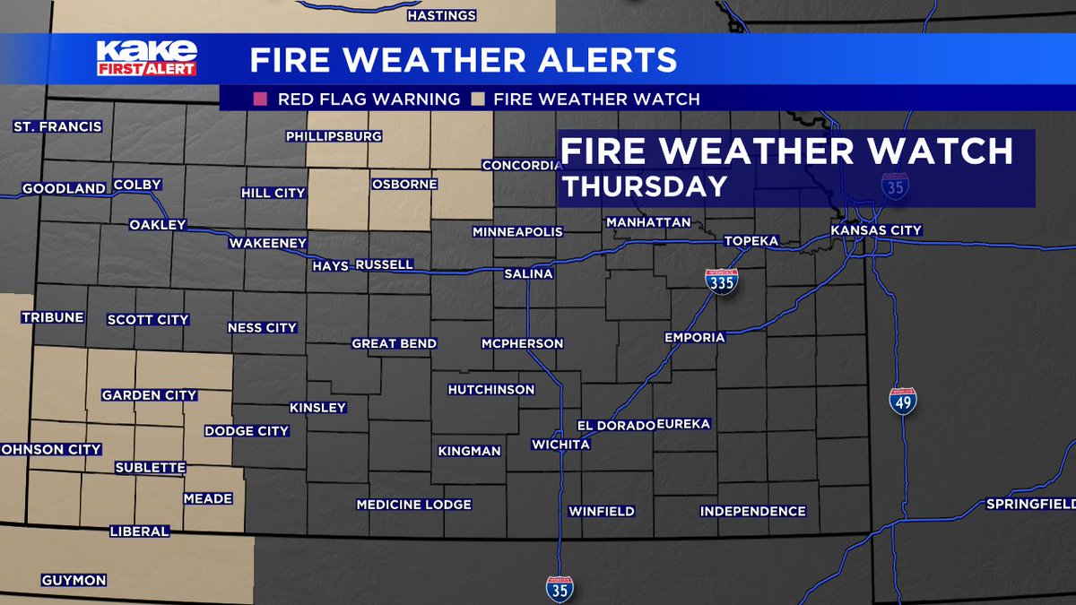 FrankWaughKAKE's tweet photo. Fire Weather🔥 a concern on Thursday as the wind kicks up and the relative humidity plunges! Chances are the Fire Weather Watch will expand today with a large Red Flag Warning expected for Thursday. #KSwx #KSFire https://t.co/CRfEGa471b
