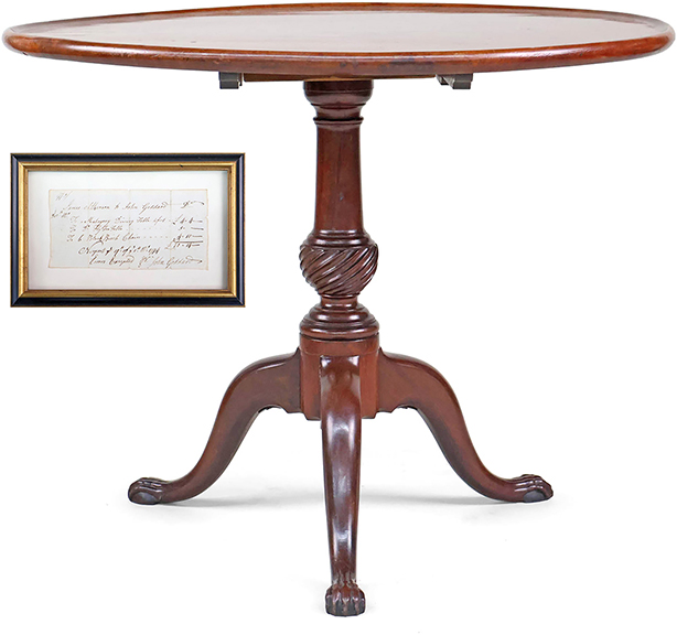 AntiqueDigest's tweet image. Newport, Rhode Island, mahogany tilt-top tea table, 26¼" x 33" x 32½", sold with the original bill of sale from John Goddard (1724-1785), dated “December 9, Newport, 1773,” for $31,250 (e $30,000/50,000) at @NyeCompany maineantiquedigest.com/stories/the-wa… #antiques #antique #furniture