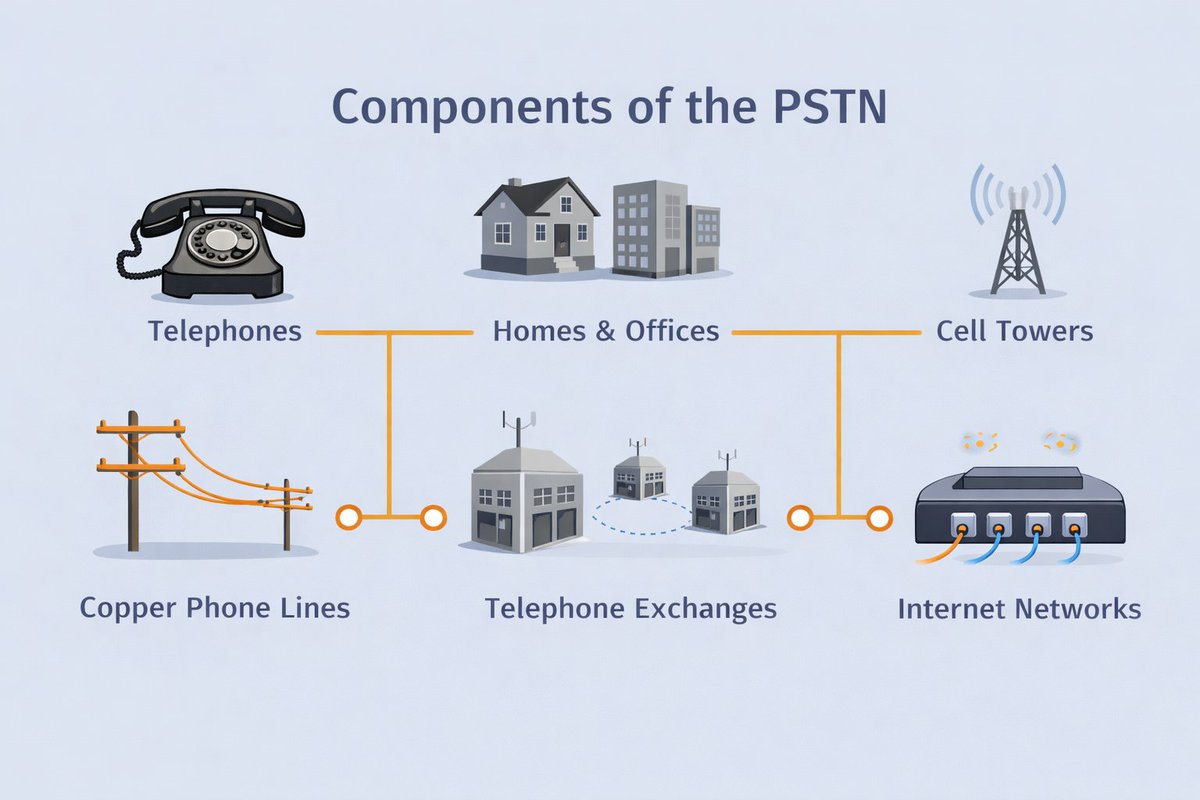VoipNowUpdates's tweet image. Core building blocks 🧩
• Telephones (endpoints)
• Copper lines (local loops)
• Switching exchanges
• Global transmission networks
Together, they formed one of the most reliable systems ever built.
bit.ly/4s4sA3c 5/
#telecoms #PSTN #Communications #Telephony #tech