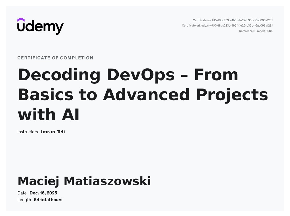 macmatia's tweet photo. My course completion certificate for "Decoding DevOps – From Basics to Advanced Projects with AI" https://t.co/H6WoHY6GNG via @udemy https://t.co/xthtd5hV3x