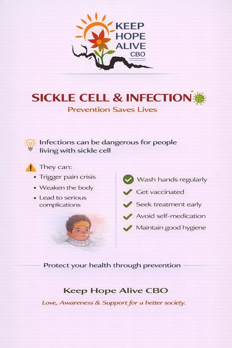 KeepHopeAliveCB's tweet photo. 🩸 *AWARENESS MESSAGE: SICKLE CELL &amp; INFECTION 🦠* 

Infections are one of the most serious health risks for individuals living with sickle cell disease.

 *Keep Hope Alive CBO* 
 *Love, Awareness &amp; Support for a better society 💙* https://t.co/muPCAFX5SV