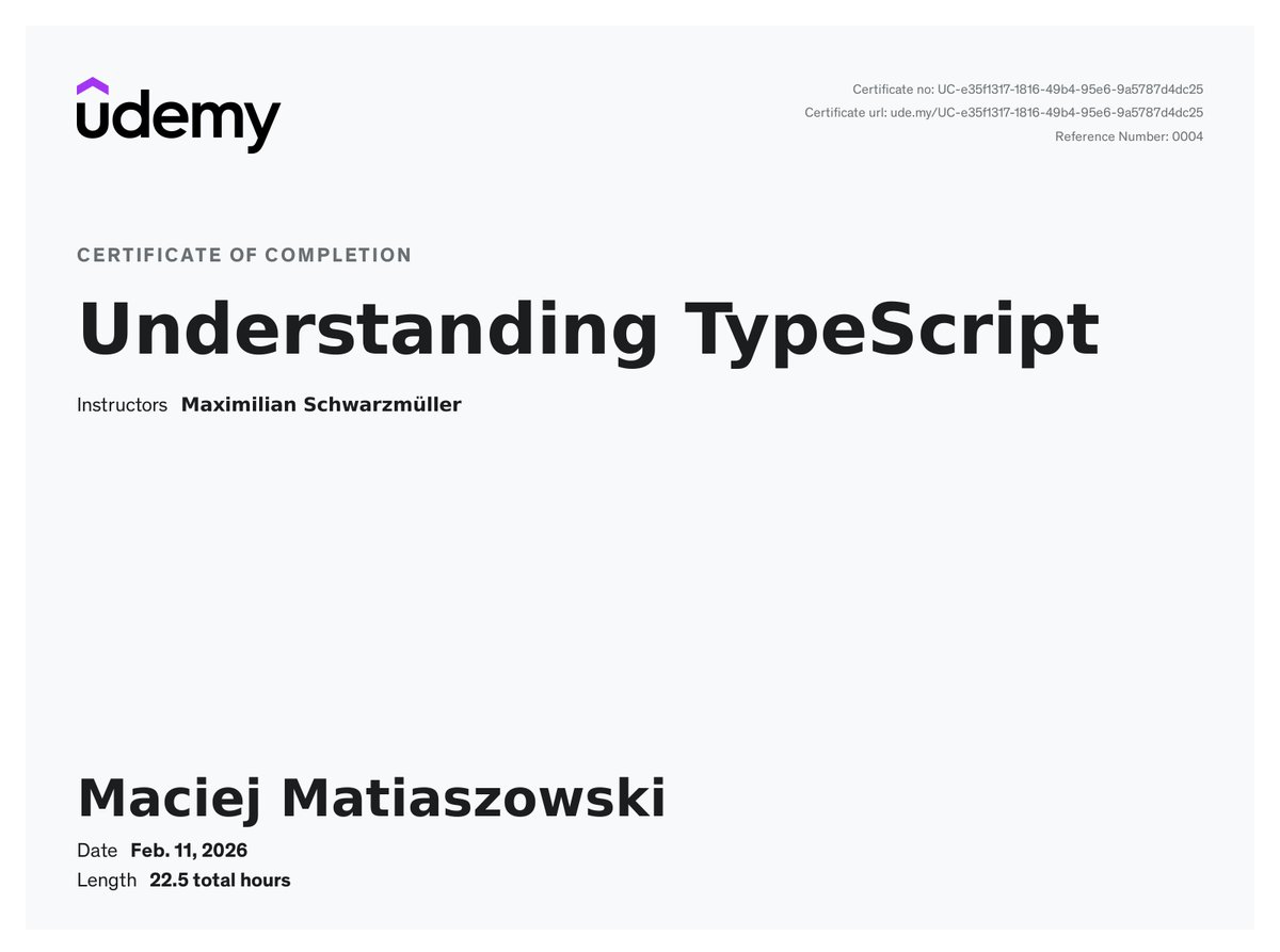 macmatia's tweet photo. My course completion certificate for "Understanding TypeScript" https://t.co/xBVszhR1hO via @udemy https://t.co/hawt1p3skL