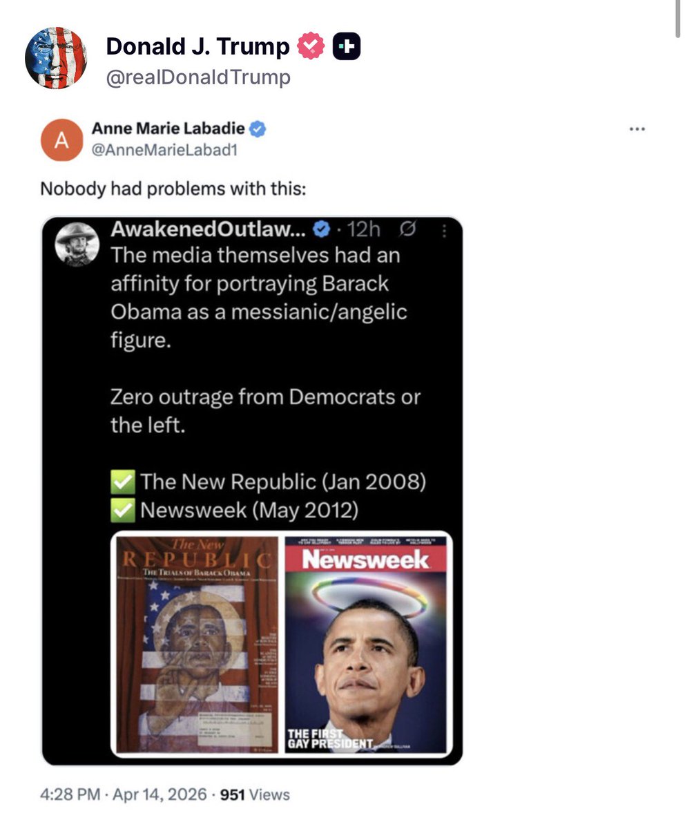 EricLDaugh's tweet image. 🚨 PRESIDENT TRUMP CALLS OUT THE HYPOCRISY

He just posted: “The media had an affinity for portraying Barack [Hussein] Obama as a messianic, ANGELIC figure”

“Zero outrage.”