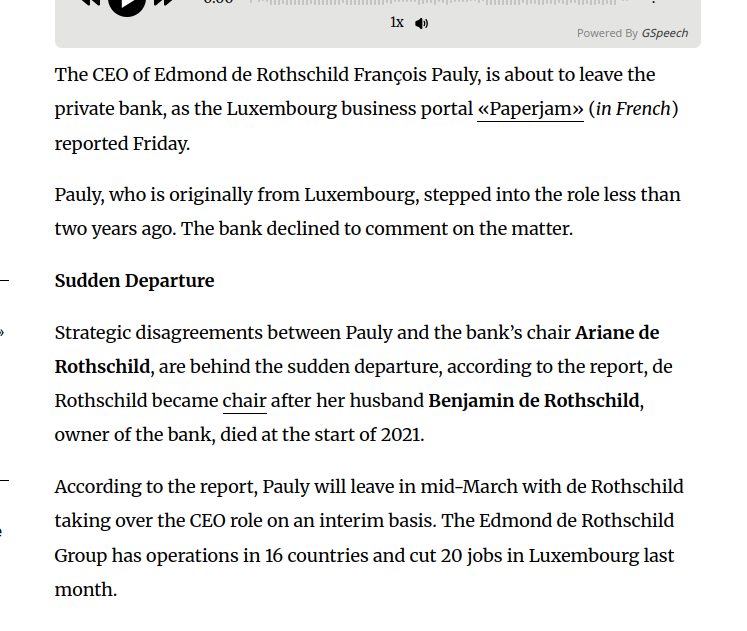 Anyone got anything on François Pauly being appointed to head of Institute of Religious Works (Vatican Bank)?  Former Rothschild director who had quit a few years ago. 

It's a bit odd he isn't even a millionaire. Apparently butted heads w/Arianne de Rothschild on things. Could