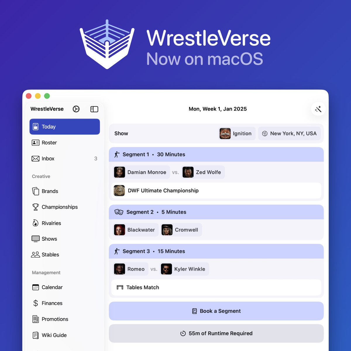 WrestleVerseApp's tweet photo. WrestleVerse makes its debut on desktop- now available on the Mac App Store! for free if you've already purchased on iOS 🎉 https://t.co/7Sa8QeDN0z