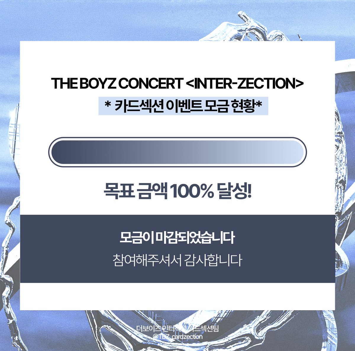 [INTER-ZECTION 카드섹션 이벤트 모금 현황 안내]

📢 카드섹션 이벤트 모금 100% 초과 달성

모금에 참여해 주신 모든 더비 분들께 감사드립니다.
성공적인 이벤트를 위하여 최선을 다 하겠습니다.

* 정산 내역은 이벤트 종료 후 더보이즈 인터젝션 카드섹션팀(<a href="/TBZ_cardzection/">더보이즈 인터젝션 카드섹션팀</a>) 계정에 투명하게